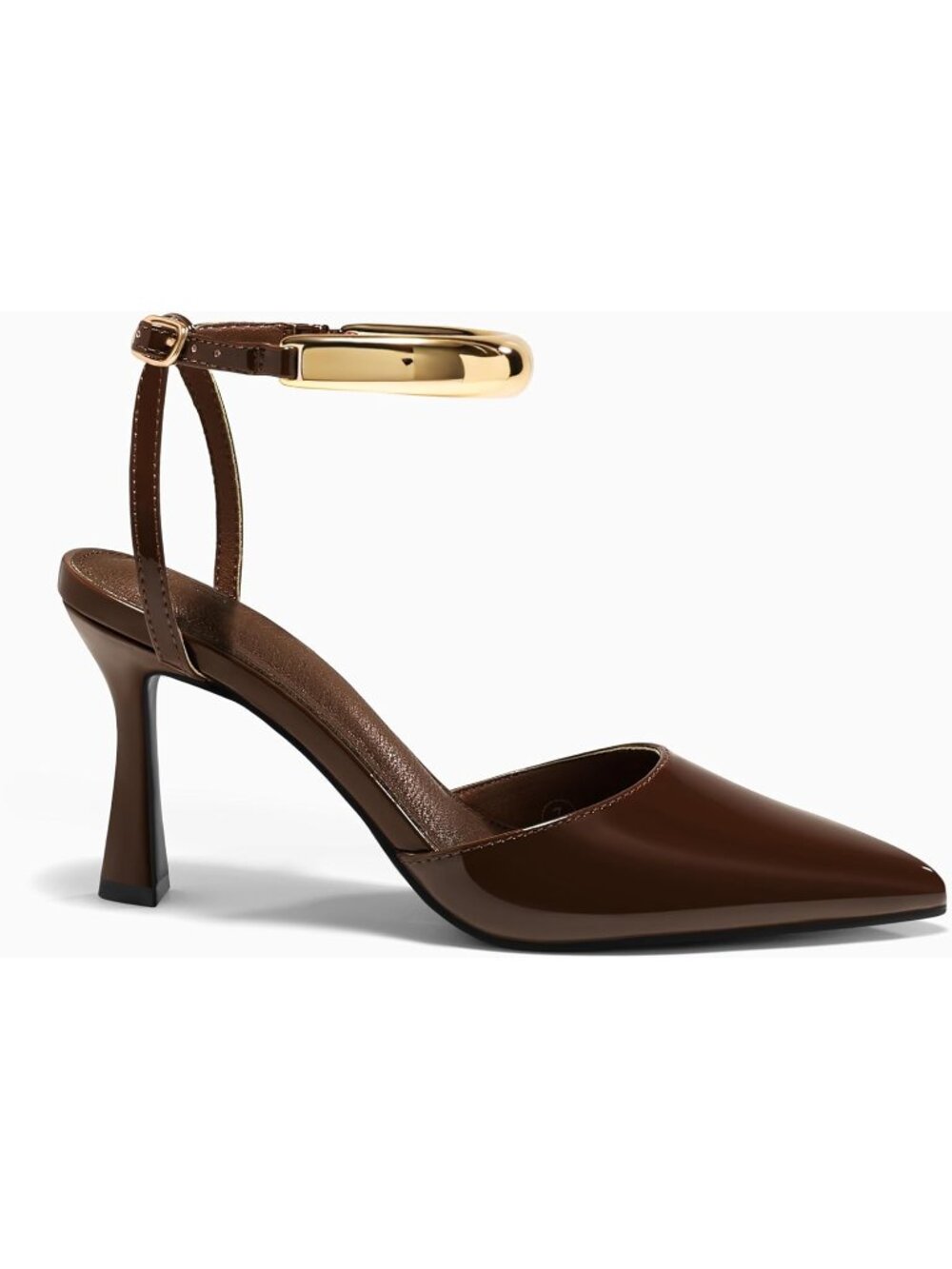 Women's Coffee Strappy High Heel Closed Pointed Toe Pumps Ankle Strap Metal Shoe - Picture 4 of 5